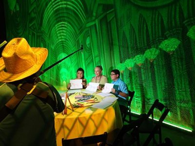 Rico Rodriguez with TheatreWorld's Professional Scenic Emerald City Great Hall Backdrop at WIZARD OF OZ 75 Anniversary Party