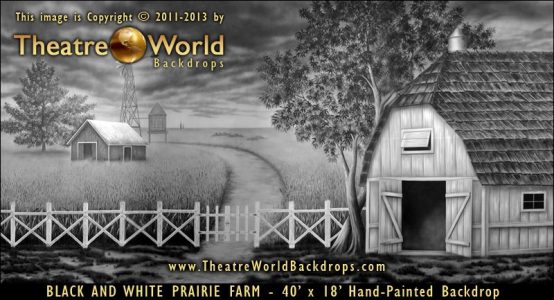 Black and White Prairie Farm Scenic Backdrop