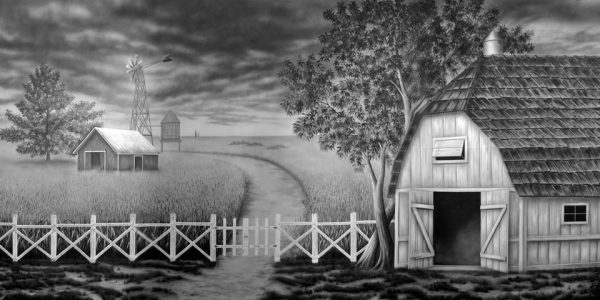 Black and White Prairie Farm Scenic Backdrop