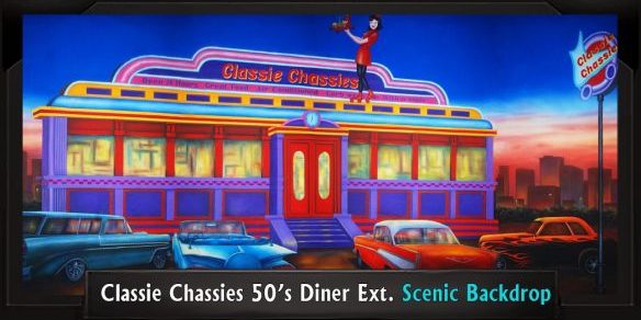 CLASSIE CHASSIES 50s DINER EXTERIOR with Frame Classie Chassies 50s Diner Exterior Professional Scenic Grease Backdrop