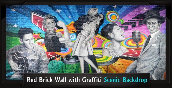 Professional Scenic Grease Backdrop Red Brick Wall with Graffiti