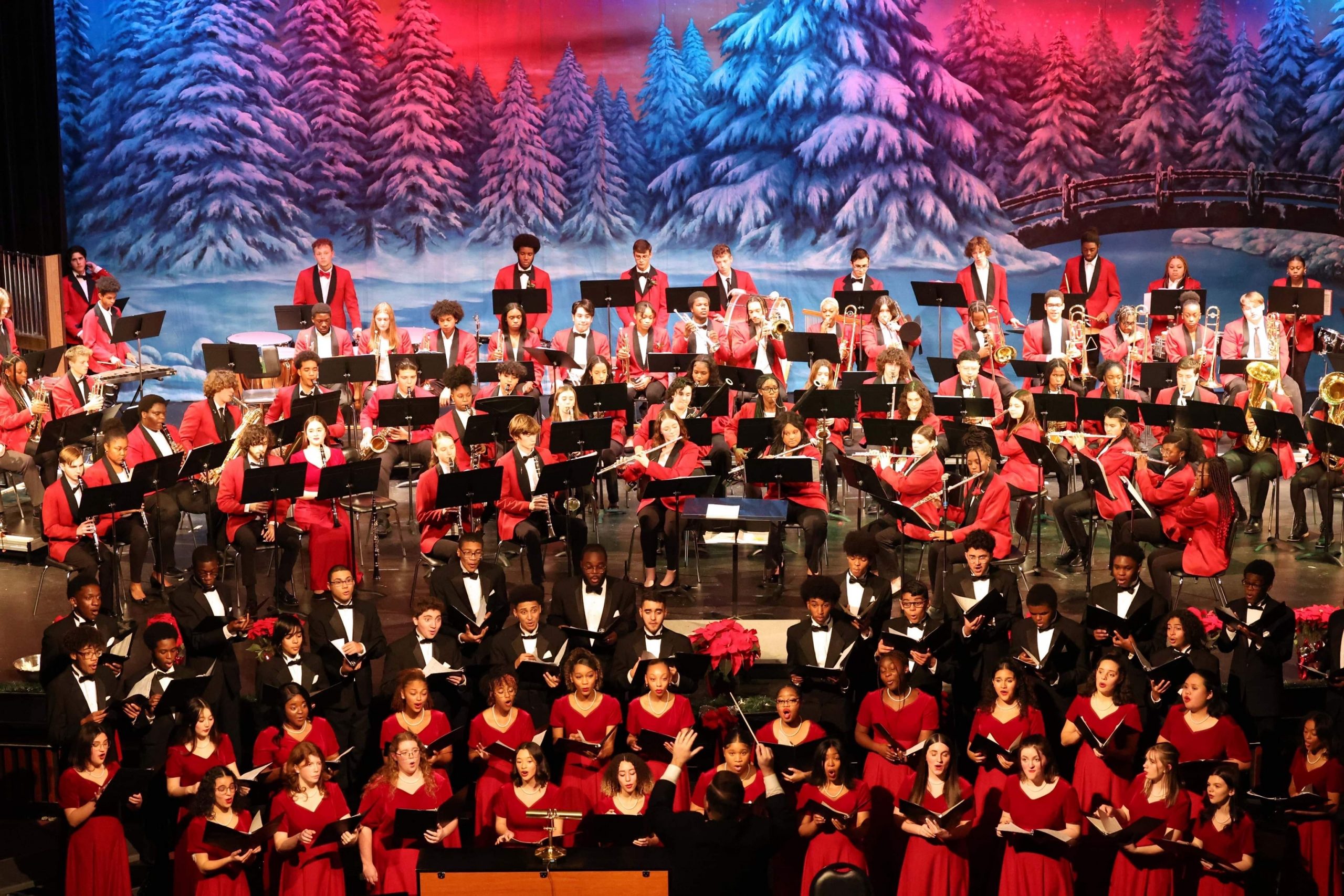 Brockton High School Snowy Christmas Tree Ridge Professional Scenic Backdrop