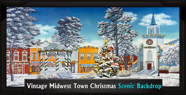 Vintage Midwest Town Christmas with Frame Vintage Midwest Town Professional Scenic Holiday Backdrop